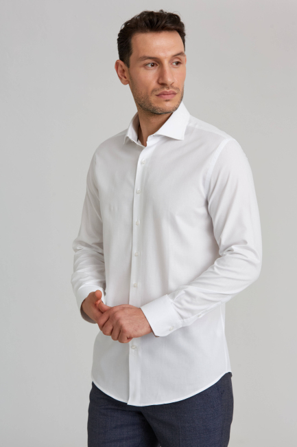 Modern Fit İtalyan Yarım Yaka Beyaz Klasik Erkek Gömlek - 5