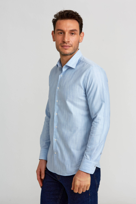 Modern Fit Klasik Dik Yaka Mavi Erkek Gömlek - 5