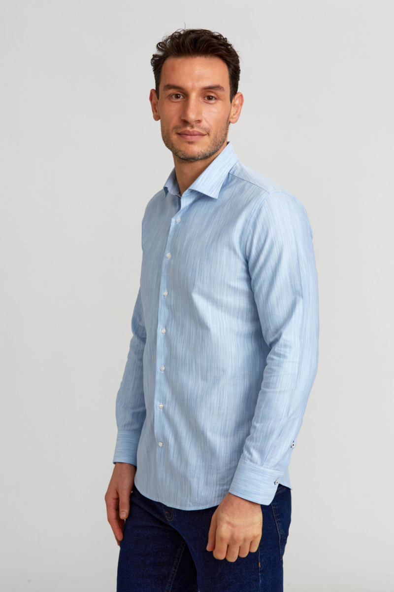 Modern Fit Klasik Dik Yaka Mavi Erkek Gömlek - 5