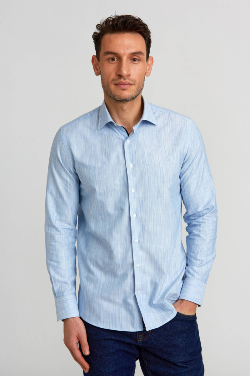 Modern Fit Klasik Dik Yaka Mavi Erkek Gömlek