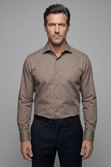 Modern Fit Klasik Yaka Açık Kahve Cepsiz Erkek Gömlek 