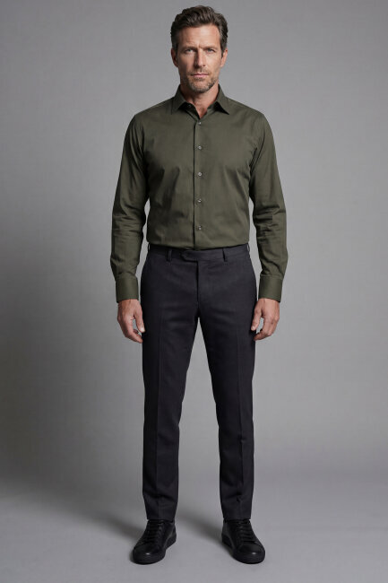 Modern Fit Klasik Yaka Haki Cepsiz Erkek Gömlek - 5