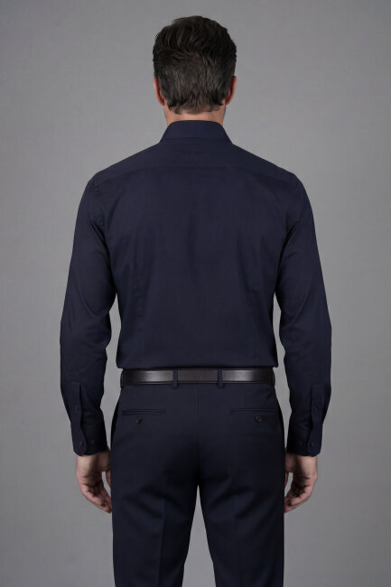 Modern Fit Klasik Yaka Lacivert Cepsiz Erkek Gömlek - 2