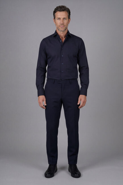 Modern Fit Klasik Yaka Lacivert Cepsiz Erkek Gömlek - 4