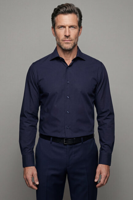 Modern Fit Klasik Yaka Lacivert Cepsiz Erkek Gömlek - 1