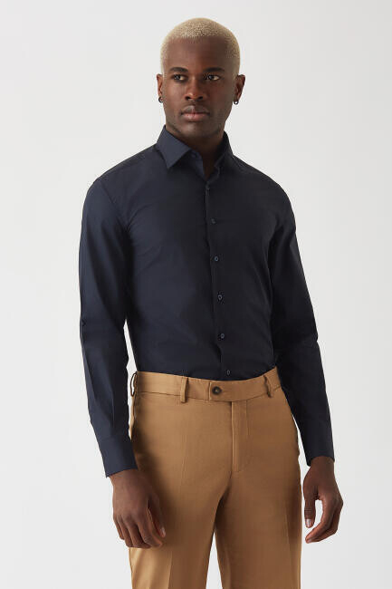 Modern Fit Lacivert Basic Klasik Erkek Gömlek - 3