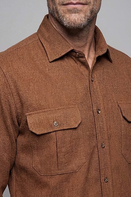 Modern Fit Paşa Yaka Çift Cepli Flanel Hardal Erkek Gömlek - 3