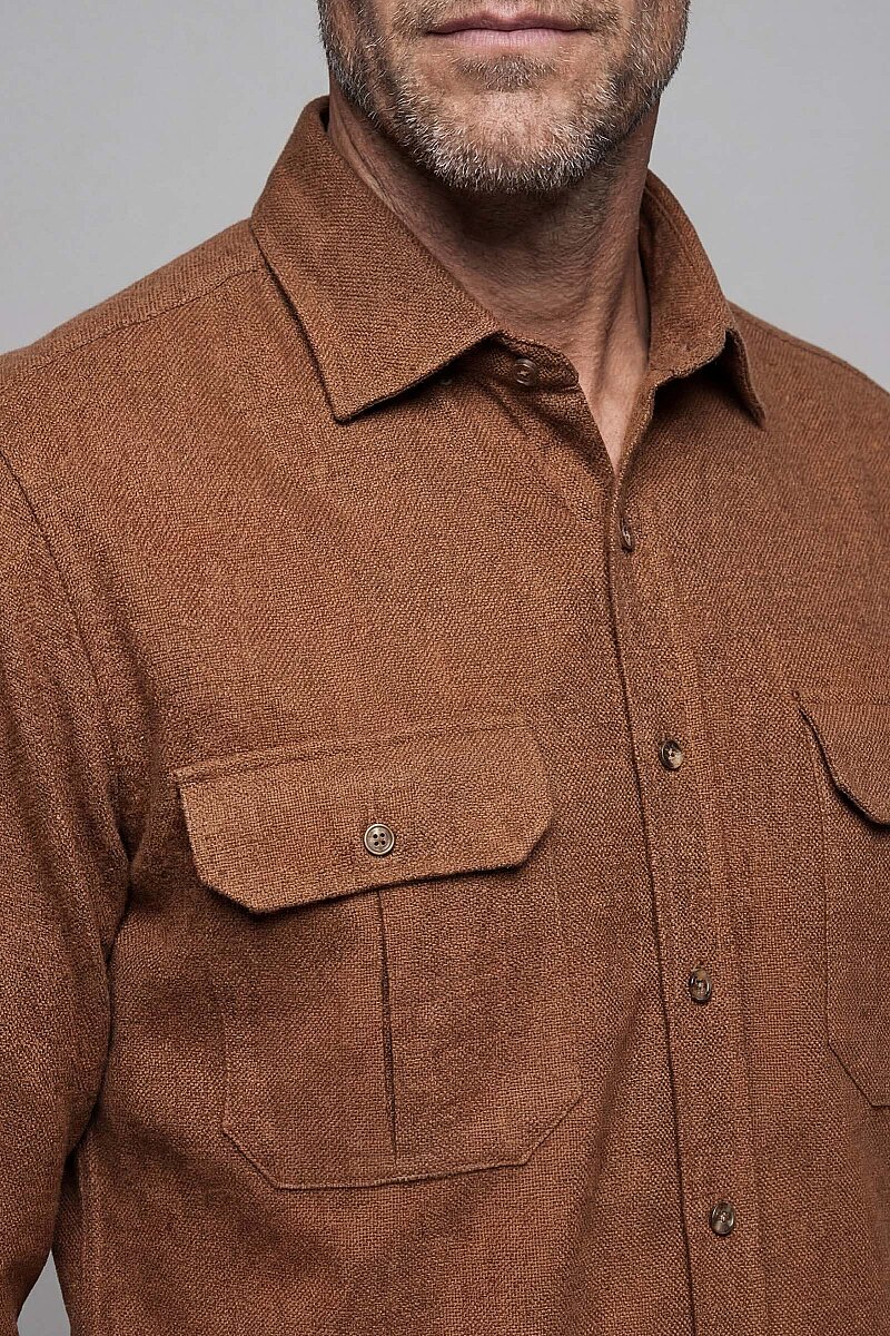 Modern Fit Paşa Yaka Çift Cepli Flanel Hardal Erkek Gömlek - 3