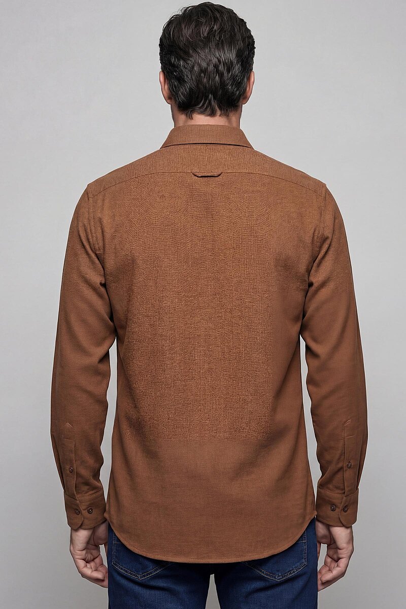Modern Fit Paşa Yaka Çift Cepli Flanel Hardal Erkek Gömlek - 2