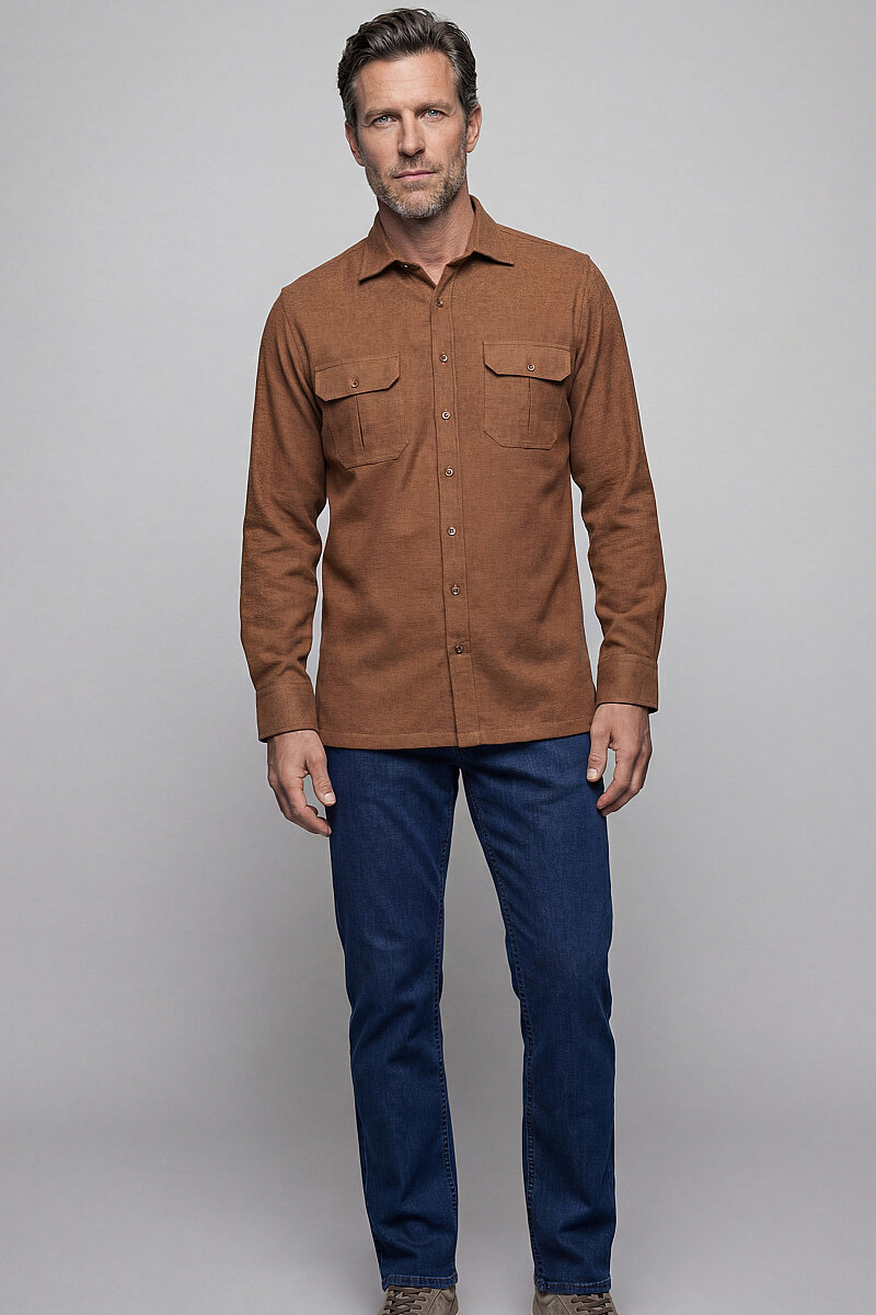 Modern Fit Paşa Yaka Çift Cepli Flanel Hardal Erkek Gömlek - 5