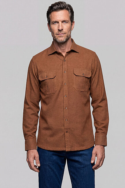 Modern Fit Paşa Yaka Çift Cepli Flanel Hardal Erkek Gömlek - 1