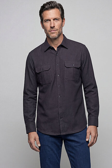 Modern Fit Paşa Yaka Çift Cepli Flanel Kahve Erkek Gömlek 