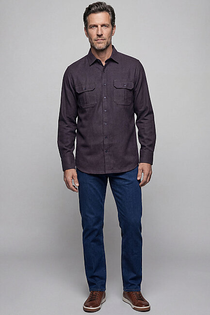 Modern Fit Paşa Yaka Çift Cepli Flanel Kahve Erkek Gömlek - 5