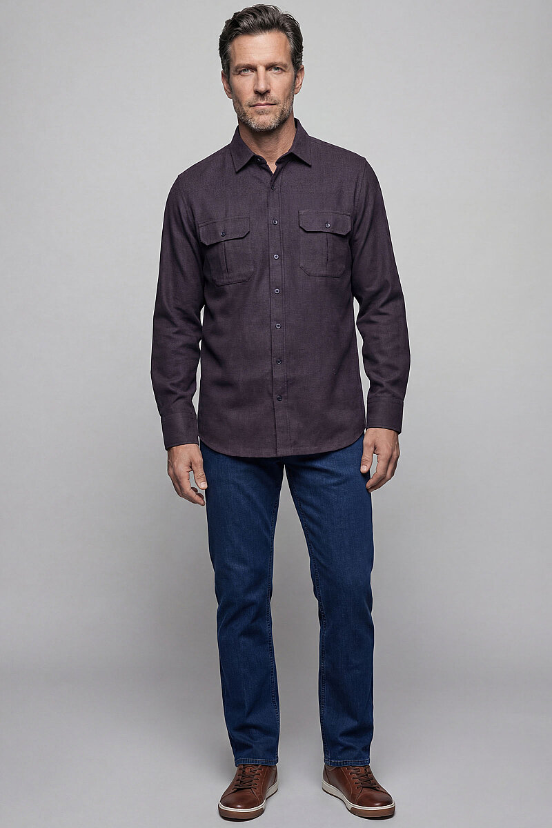 Modern Fit Paşa Yaka Çift Cepli Flanel Kahve Erkek Gömlek - 5