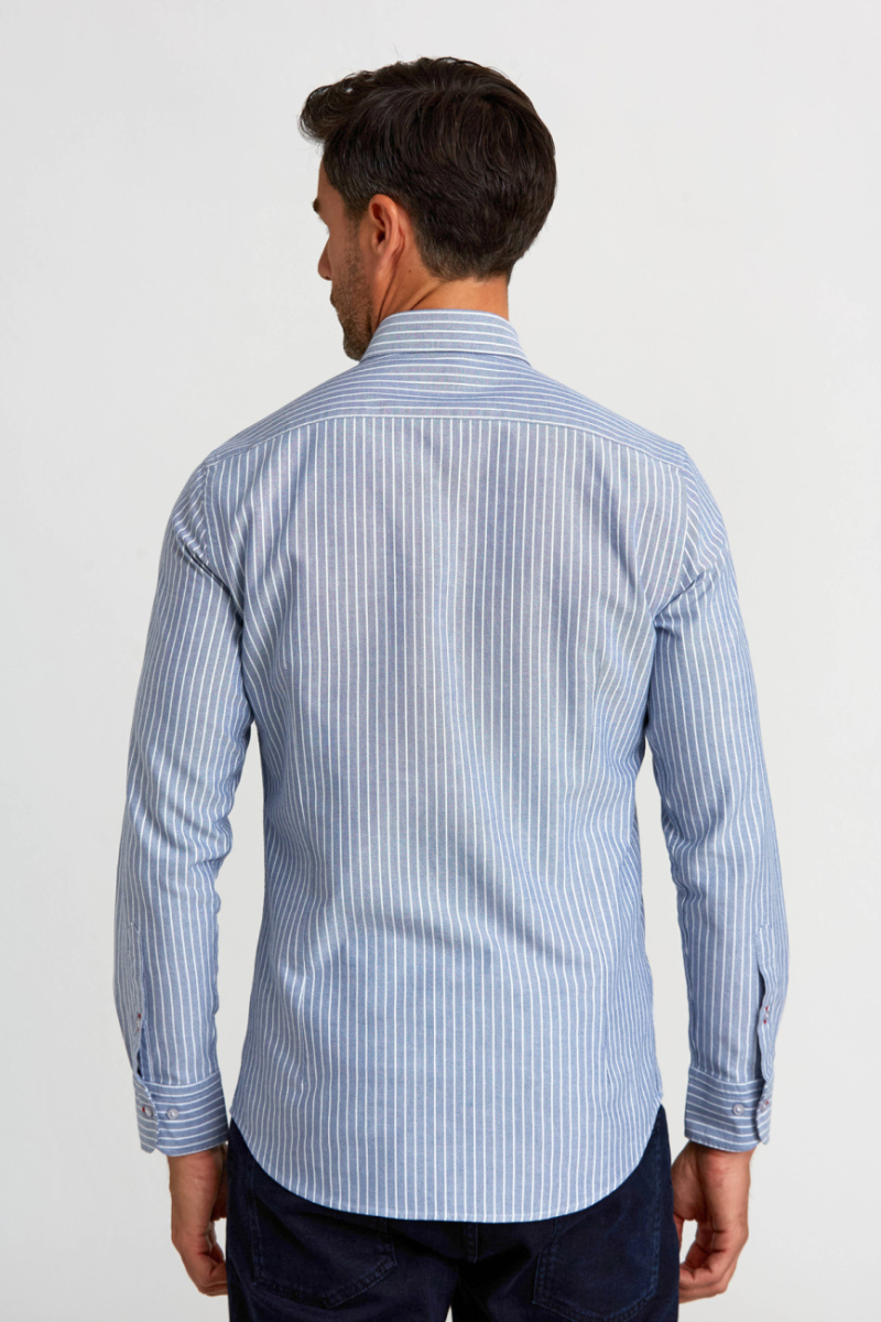 Modern Fit Paşa Yaka Çizgili Lacivert Spor Erkek Gömlek - 2