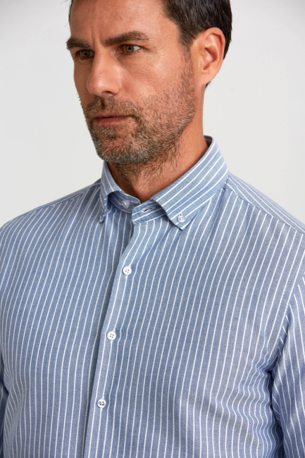 Modern Fit Paşa Yaka Çizgili Lacivert Spor Erkek Gömlek - 5