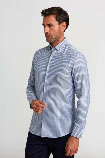 Modern Fit Paşa Yaka Çizgili Lacivert Spor Erkek Gömlek - 4
