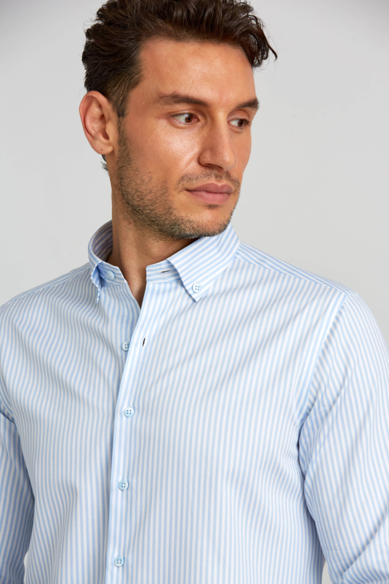 Modern Fit Paşa Yaka Düğmeli Açık Mavi Saten Erkek Gömlek - 4