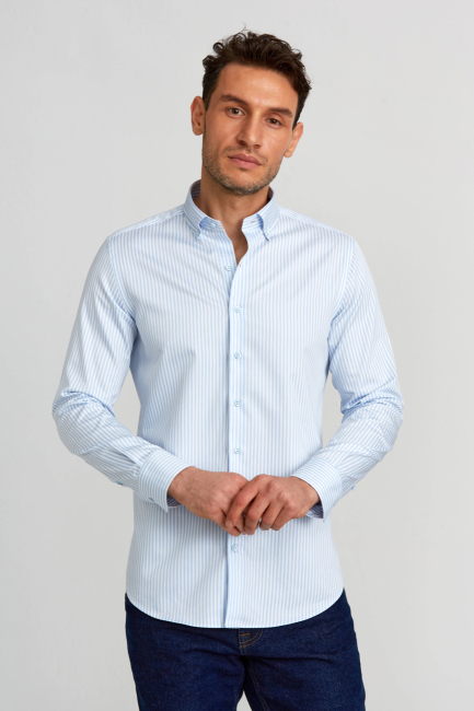 Modern Fit Paşa Yaka Düğmeli Açık Mavi Saten Erkek Gömlek