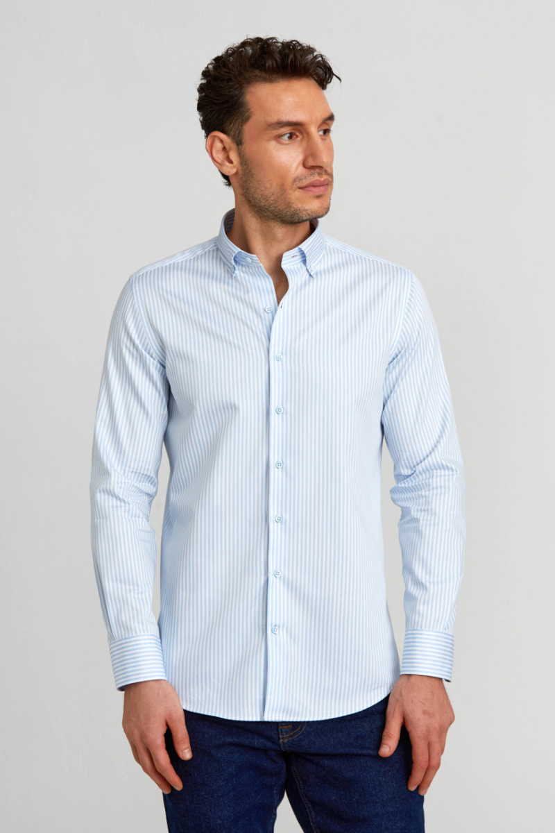 Modern Fit Paşa Yaka Düğmeli Açık Mavi Saten Erkek Gömlek - 5