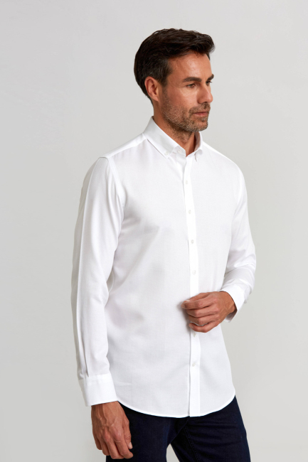Modern Fit Paşa Yaka Düğmeli Beyaz Spor Erkek Gömlek - 4