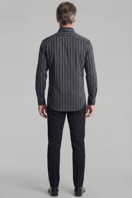 Modern Fit Paşa Yaka Düğmeli Çizgili Pamuk Siyah Erkek Gömlek - 2