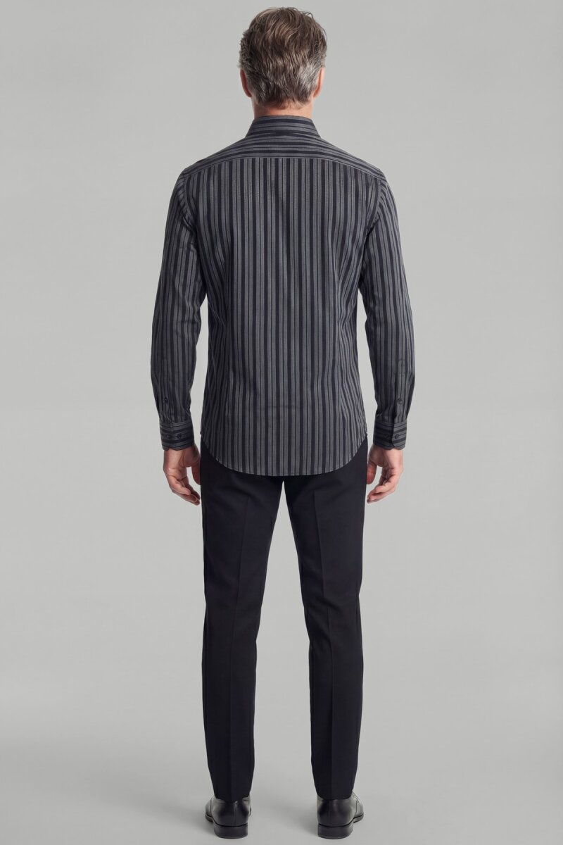 Modern Fit Paşa Yaka Düğmeli Çizgili Pamuk Siyah Erkek Gömlek - 2