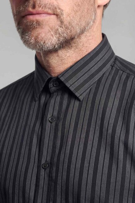 Modern Fit Paşa Yaka Düğmeli Çizgili Pamuk Siyah Erkek Gömlek - 3