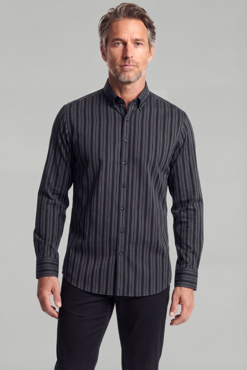 Modern Fit Paşa Yaka Düğmeli Çizgili Pamuk Siyah Erkek Gömlek - 1