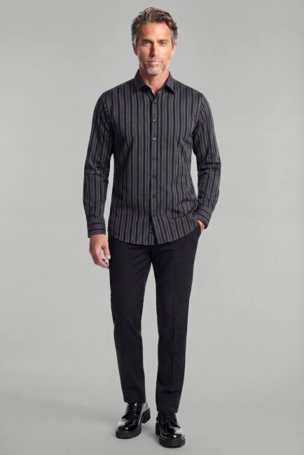 Modern Fit Paşa Yaka Düğmeli Çizgili Pamuk Siyah Erkek Gömlek - 4