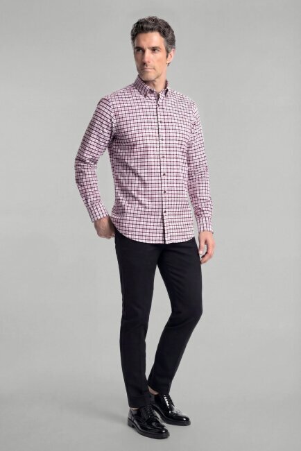 Modern Fit Paşa Yaka Düğmeli Ekose Kışlık Pamuk Bordo Erkek Gömlek - 3