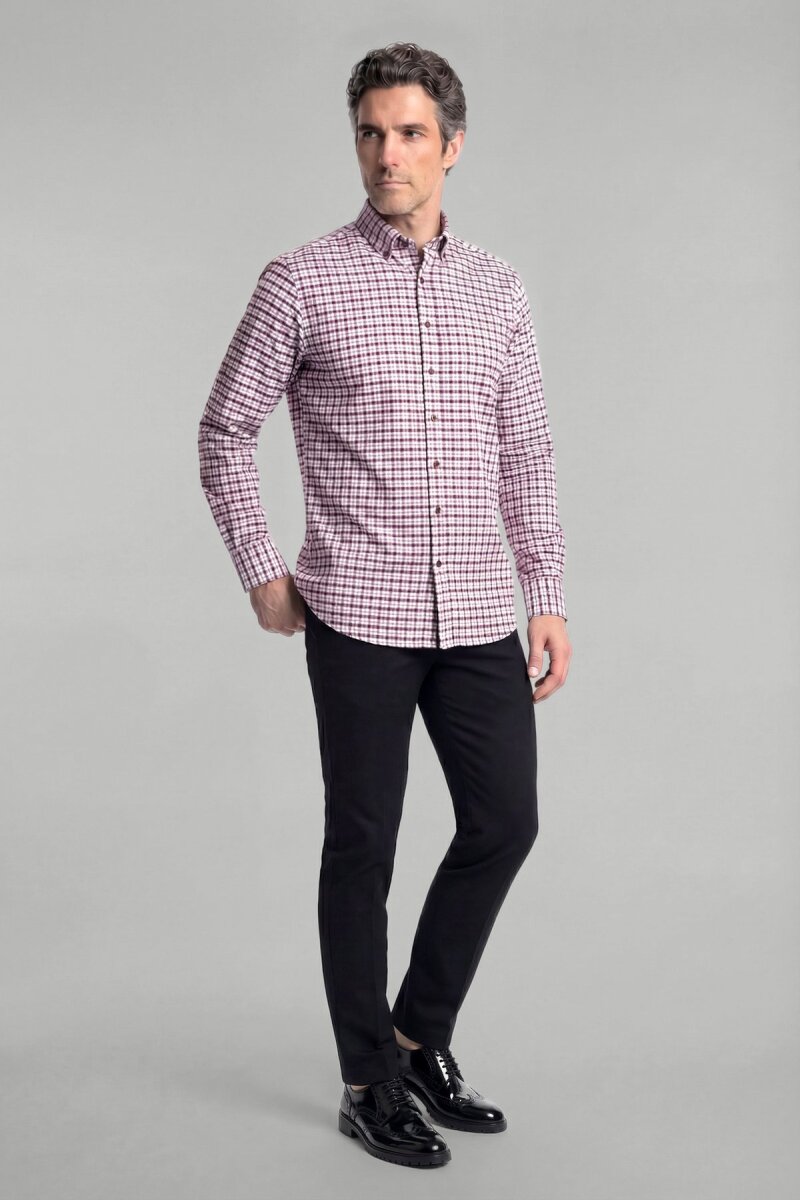 Modern Fit Paşa Yaka Düğmeli Ekose Kışlık Pamuk Bordo Erkek Gömlek - 3