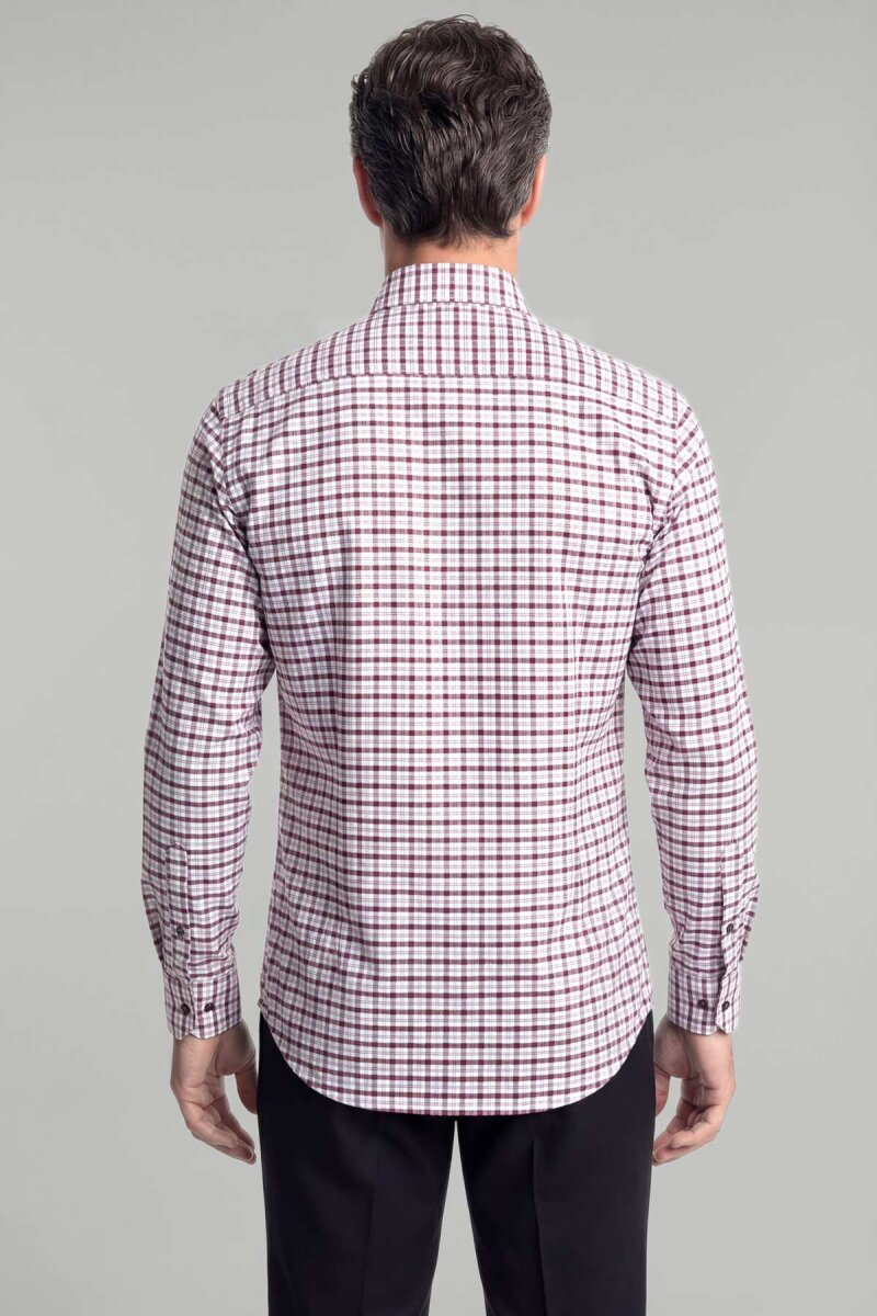 Modern Fit Paşa Yaka Düğmeli Ekose Kışlık Pamuk Bordo Erkek Gömlek - 2