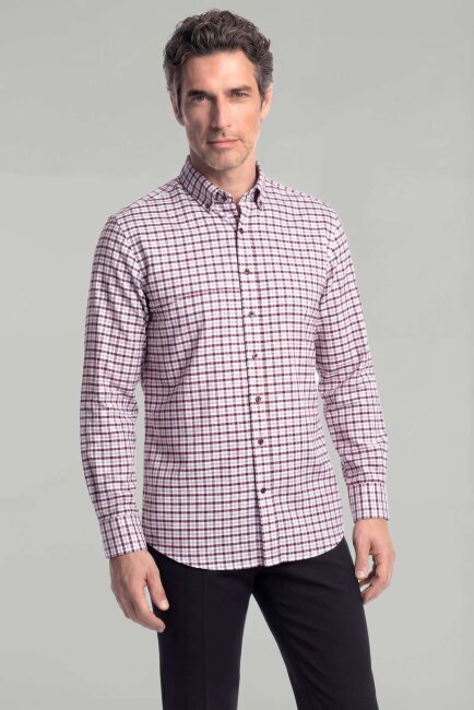 Modern Fit Paşa Yaka Düğmeli Ekose Kışlık Pamuk Bordo Erkek Gömlek - 1