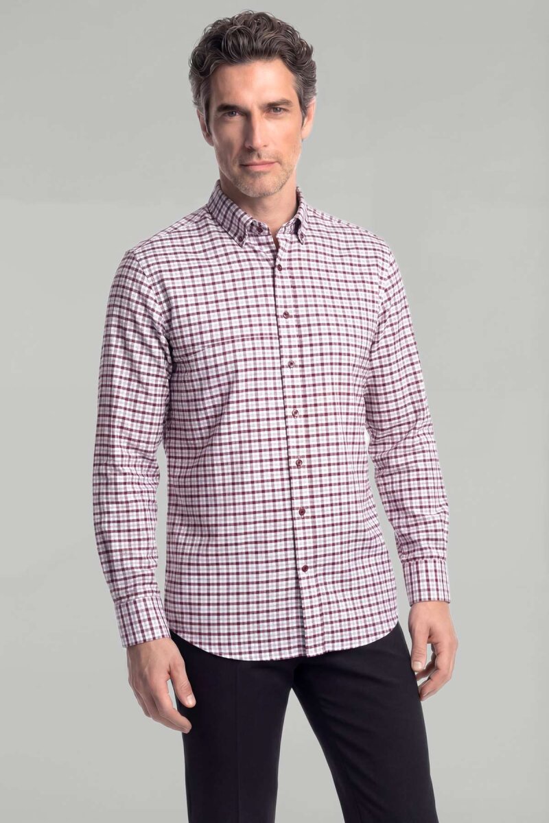 Modern Fit Paşa Yaka Düğmeli Ekose Kışlık Pamuk Bordo Erkek Gömlek - 1