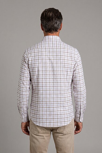 Beige Modern Fit Cotton Düğmeli Shawl Collar Ekoseli Shirt (1)