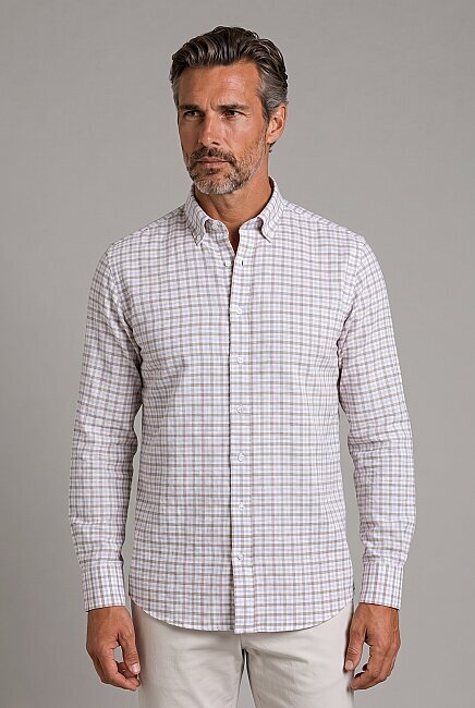 Beige Modern Fit Cotton Düğmeli Shawl Collar Ekoseli Shirt
