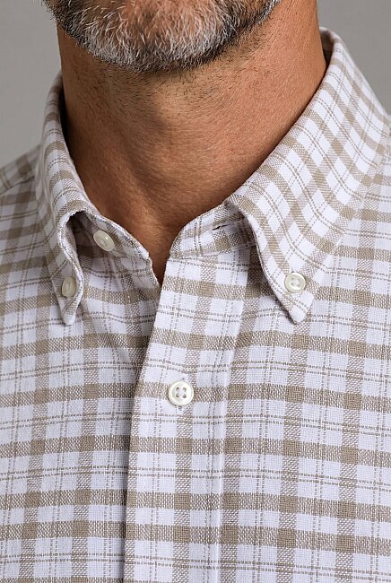 Beige Modern Fit Cotton Düğmeli Shawl Collar Ekoseli Shirt (2)