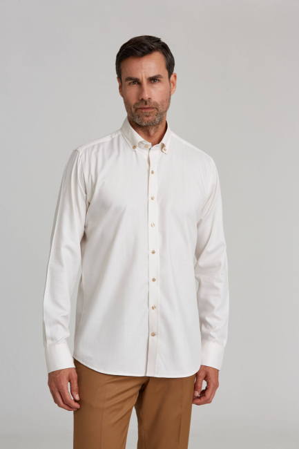 Modern Fit Paşa Yaka Düğmeli Ekru Spor Erkek Gömlek - 1
