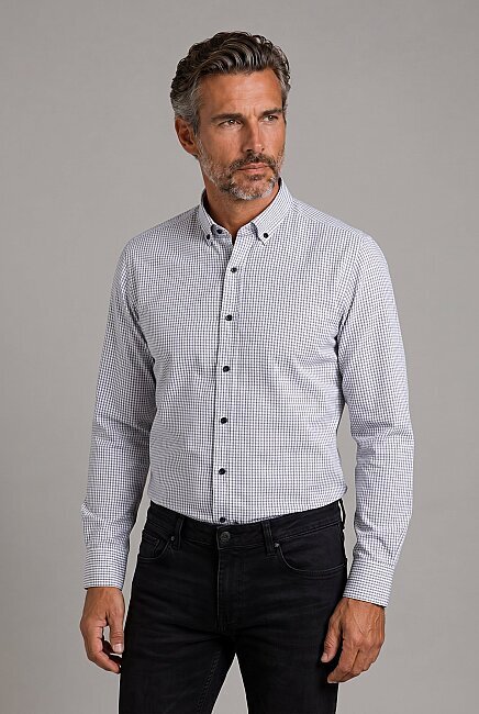 Siyah Modern Fit Pamuk Düğmeli Paşa Yaka Küçük Armür Kare Gömlek