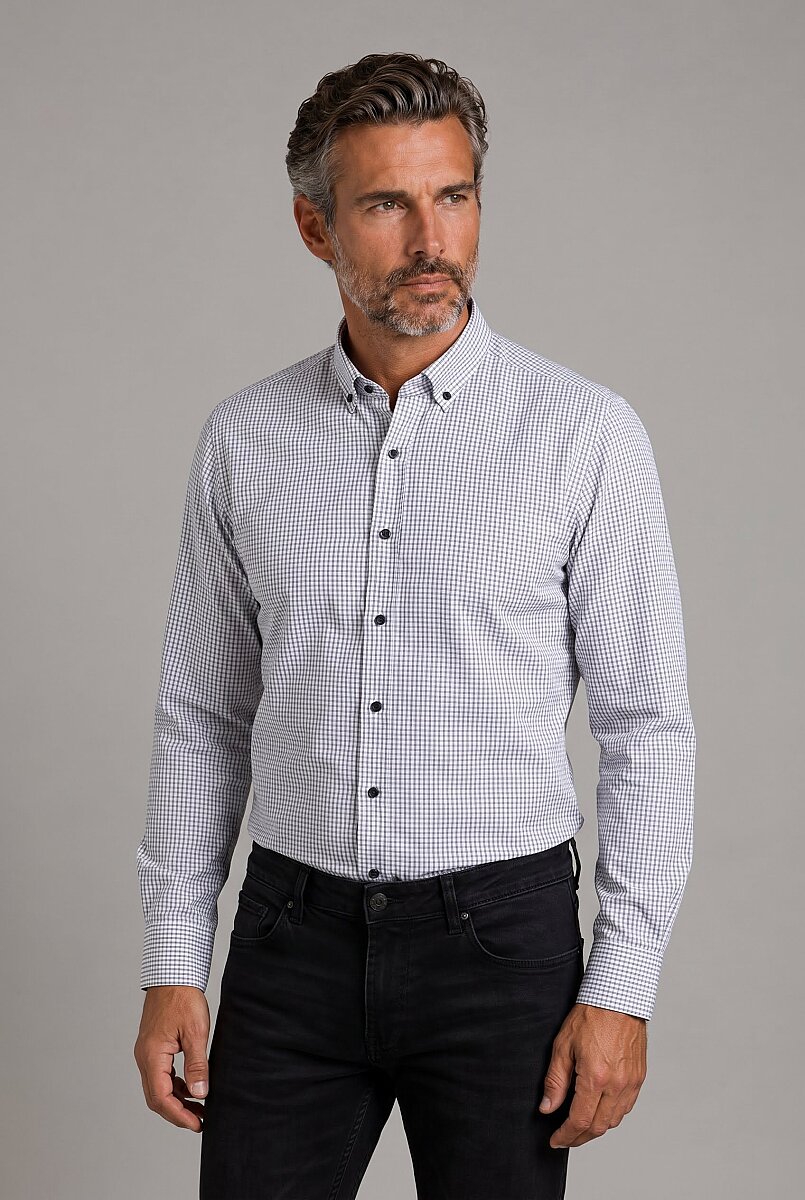 Siyah Modern Fit Pamuk Düğmeli Paşa Yaka Küçük Armür Kare Gömlek - 1
