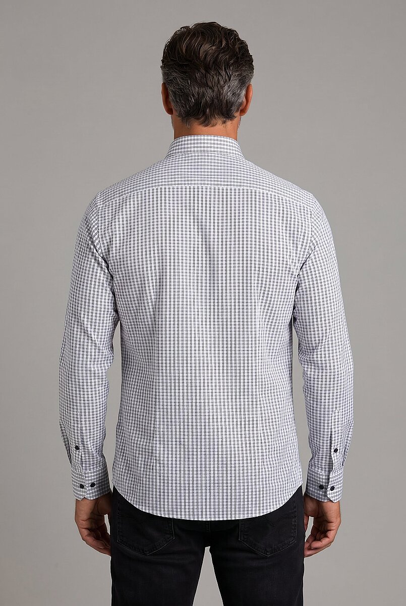 Siyah Modern Fit Pamuk Düğmeli Paşa Yaka Küçük Armür Kare Gömlek - 2