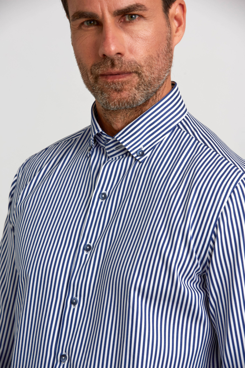 Modern Fit Paşa Yaka Düğmeli Lacivert Saten Erkek Gömlek - 4