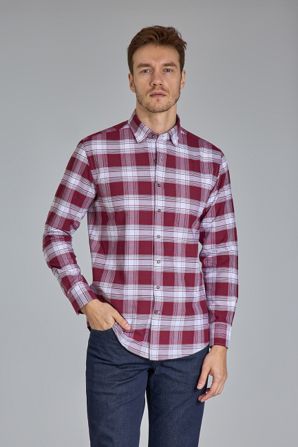 Modern Fit Paşa Yaka Ekose Bordo Spor Erkek Gömlek 