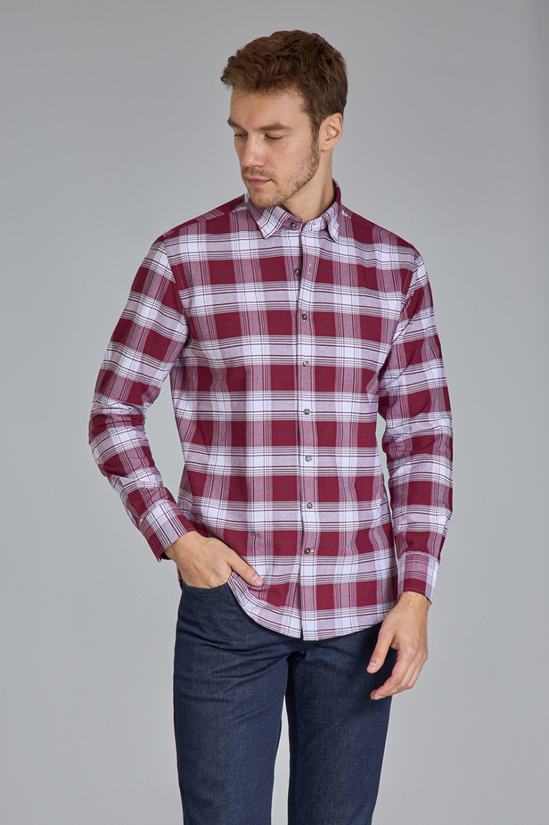 Modern Fit Paşa Yaka Ekose Bordo Spor Erkek Gömlek - 2