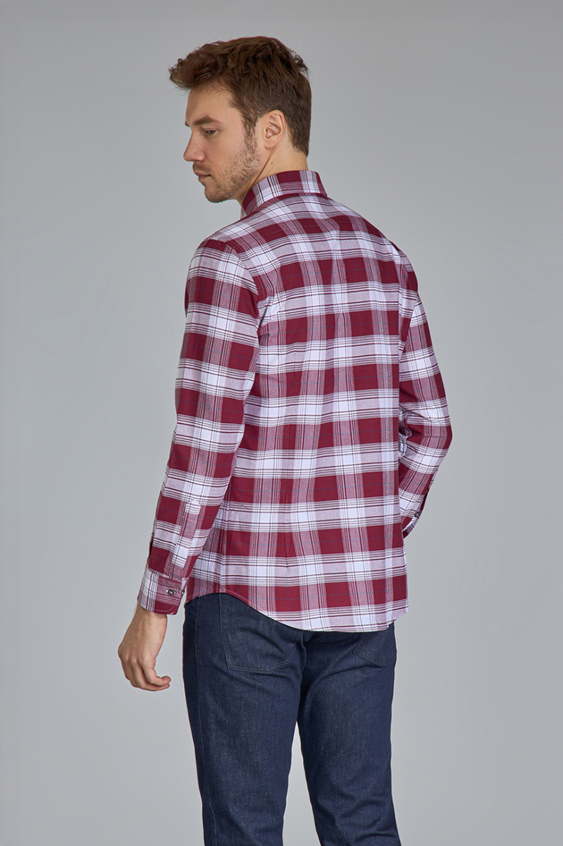 Modern Fit Paşa Yaka Ekose Bordo Spor Erkek Gömlek - 6