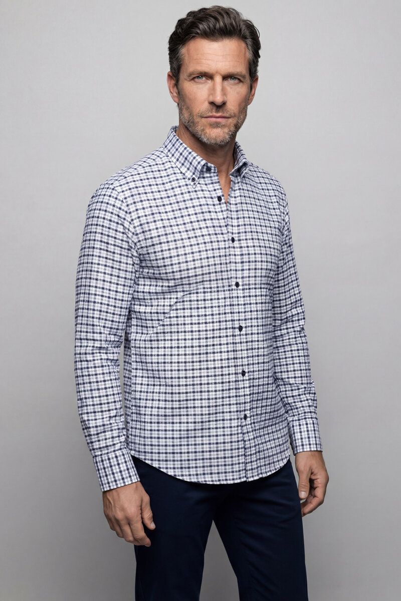 Modern Fit Paşa Yaka Ekose Kışlık Pamuk Siyah Erkek Gömlek - 1