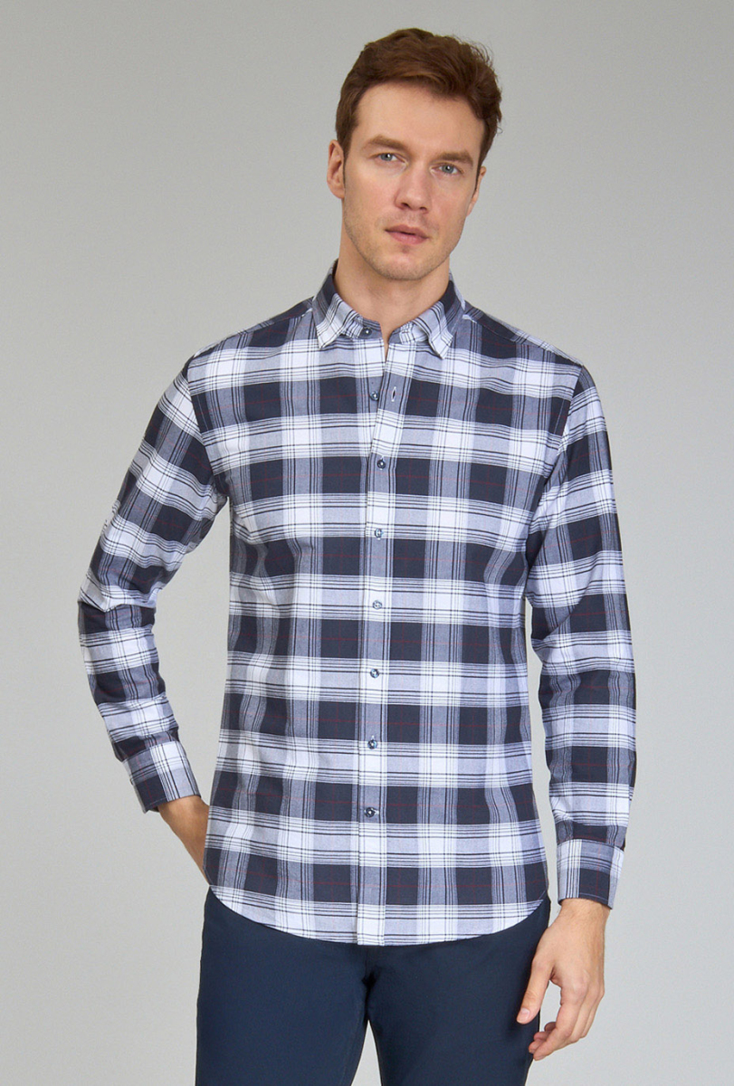 Modern Fit Paşa Yaka Ekose Lacivert Spor Erkek Gömlek - 1