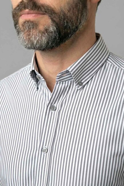 Modern Fit Paşa Yaka Saten Pamuk Gri Erkek Gömlek - 3