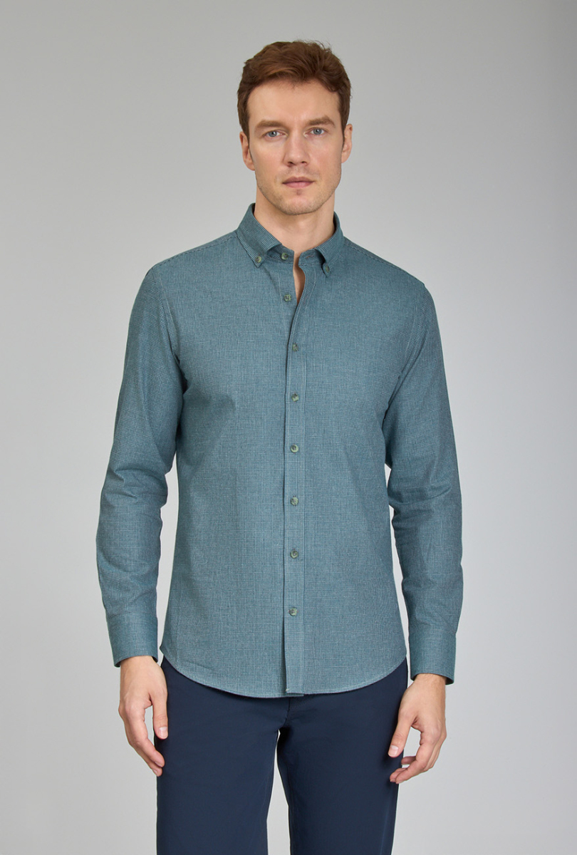 Modern Fit Paşa Yaka Yeşil Spor Erkek Gömlek - 1